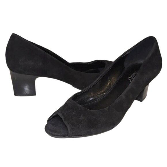 Franco Sarto Suede Leather Pumps Black Peep Toe Block Heels Size 10 - Picture 1 of 11